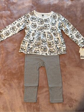 NWT Tea Collection Cotton Cat Print Peplum Top and Striped Pants, Size 2T